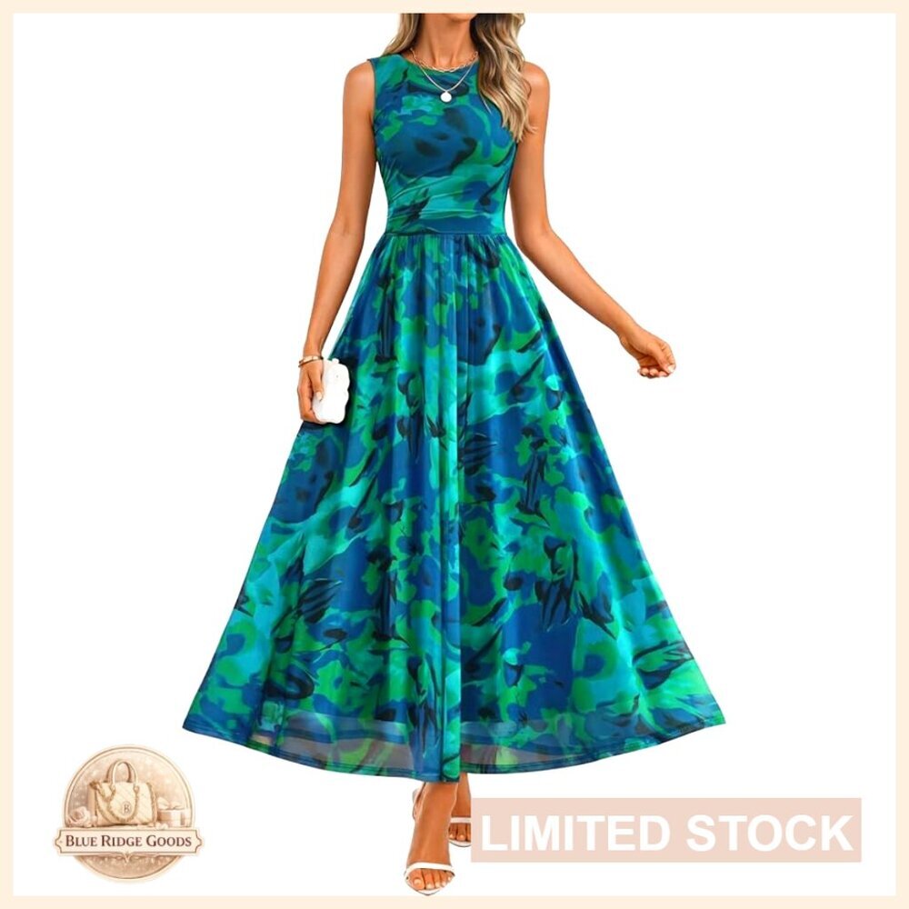 Sleeveless Floral Maxi Dress Boho Mesh A-Line Summer Party Beach